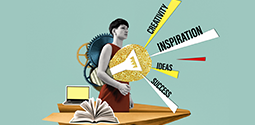 Illustration of teen standing by desk holding a flashlight with the words "creativity, inspiration, ideas, and success" along the beams of light